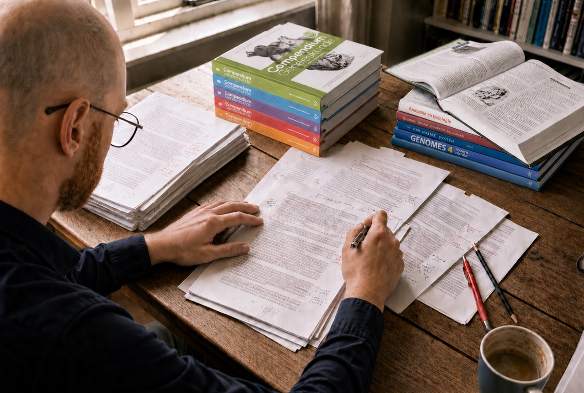 Jasper werkt aan het manuscript, omringd door medische vakliteratuur