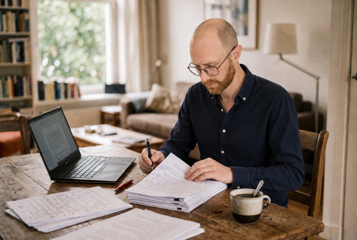 Jasper schrijft aan de boeken, met manuscript en laptop